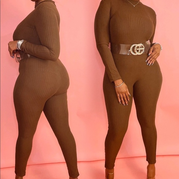 NEW TRENDY BASIC COFFEE BROWN RIBBED MOCK NECK LONG SLEEVE JUMPSUIT ROMPER - Picture 3 of 4